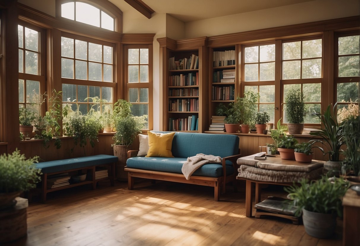 A cozy classroom corner with aromatic herbs, surrounded by books and reading nooks. A peaceful garden setting with vibrant colors and inviting seating areas