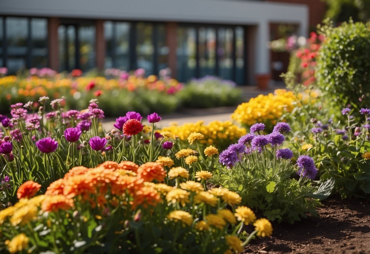 Vibrant flower beds form a rainbow of colors in a cozy classroom reading garden. Bright blooms create a peaceful and inviting space for students to enjoy books outdoors