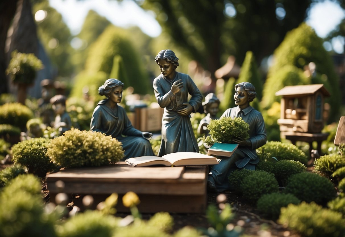 A lush garden with fairy tale statues, surrounded by a classroom setting with books and reading materials scattered around