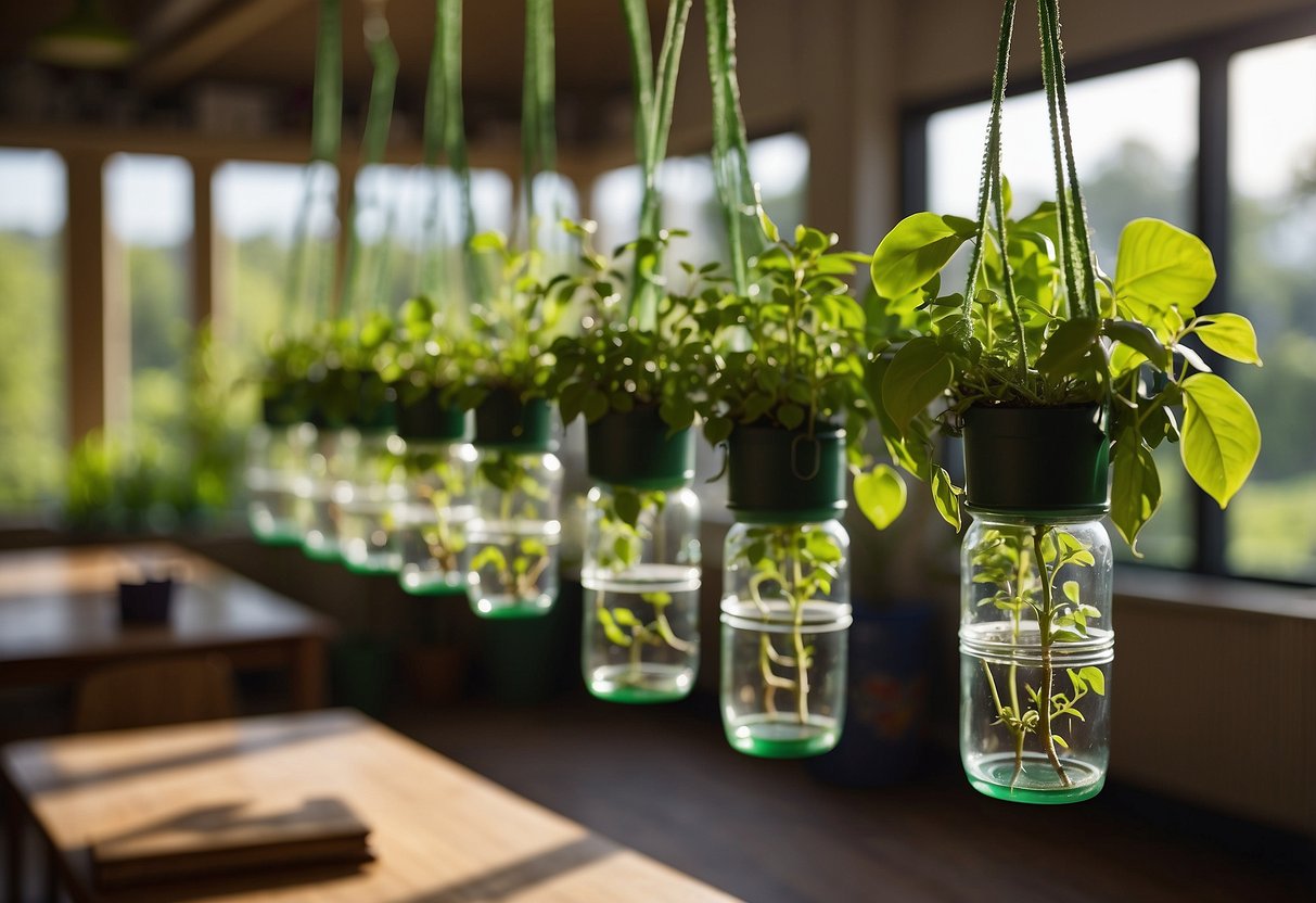 Empty plastic bottles transformed into planters, hanging from the ceiling in a bright classroom. Lush green plants sprout from the bottles, creating a vibrant reading garden