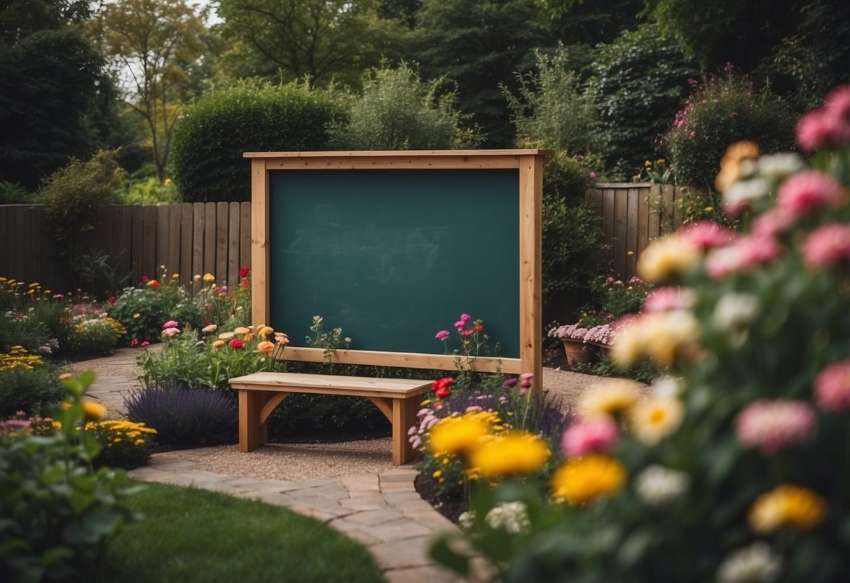 A vibrant garden with colorful flowers, winding paths, and cozy reading nooks. A chalkboard displays creative ideas for the classroom reading garden