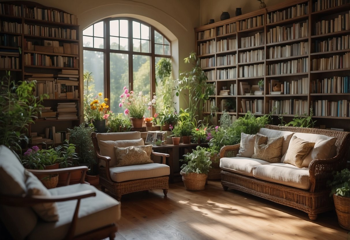 A lush garden with colorful flowers and fragrant herbs, surrounded by shelves of books and comfortable seating for students to immerse themselves in nature while reading