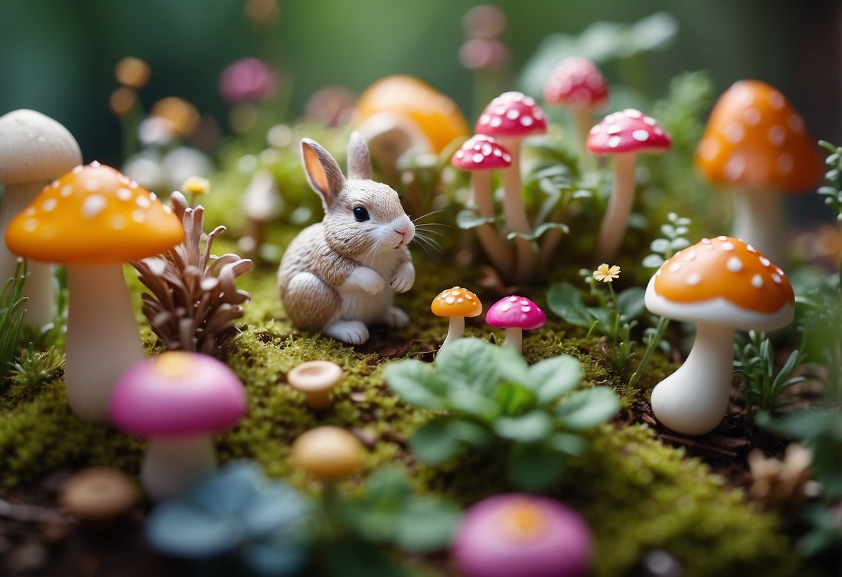 A whimsical fairy garden with cute clay animals, like rabbits and squirrels, nestled among vibrant flowers and tiny mushrooms