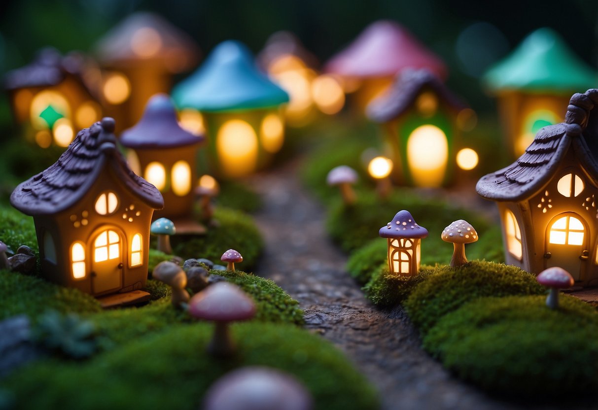 Glowing pixie lanterns illuminate a whimsical clay fairy garden with tiny houses, bridges, and mushrooms nestled among vibrant green foliage