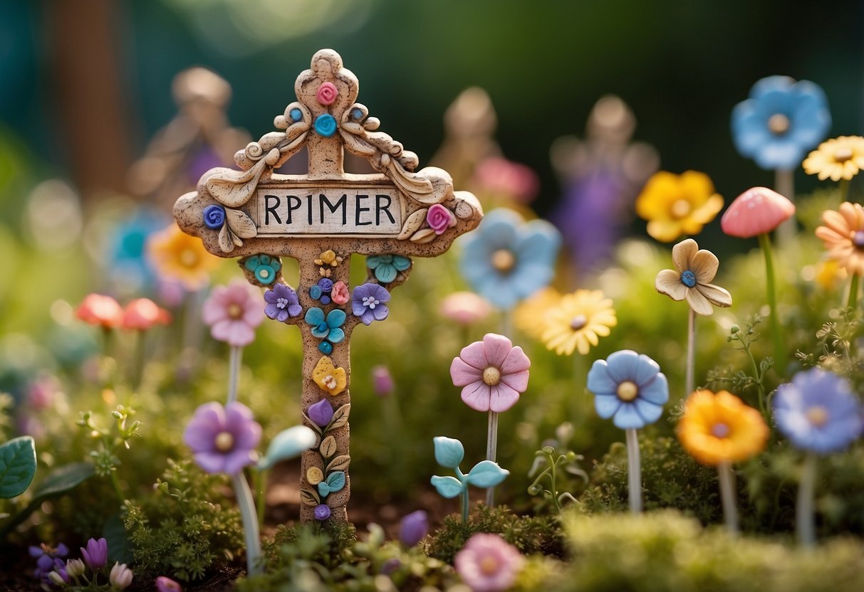 A cluster of tiny signposts, adorned with delicate fairy wings and colorful flowers, marking the paths in a whimsical clay fairy garden