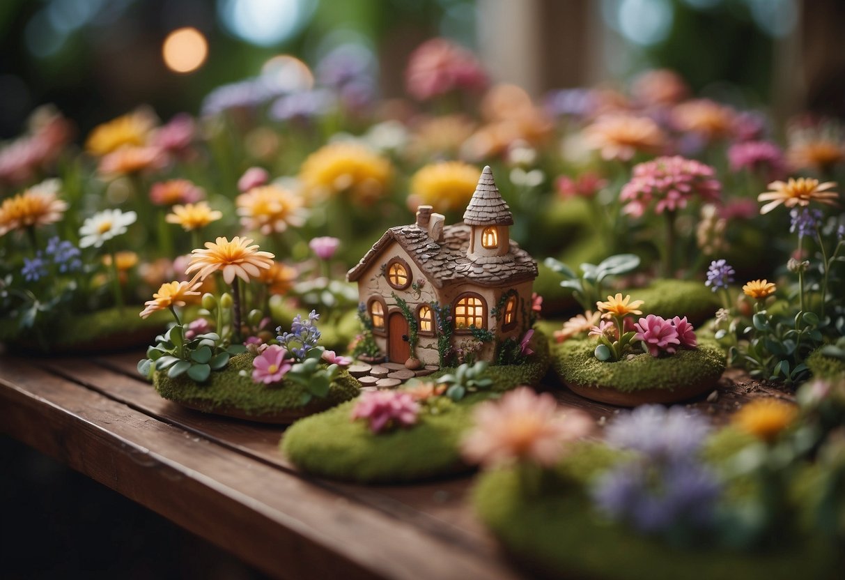 A table covered in clay flower decorations, with tiny fairy garden scenes nestled among the blooms