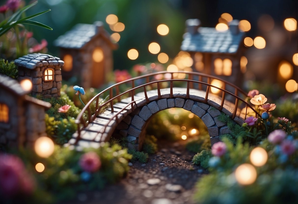 A charming clay fairy garden with whimsical bridges, surrounded by vibrant flowers and sparkling fairy lights