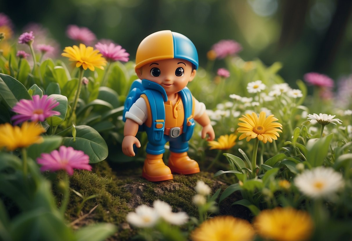 A colorful Little Tikes Hide and Seek Climber stands in a lush garden, surrounded by vibrant flowers and tall grass