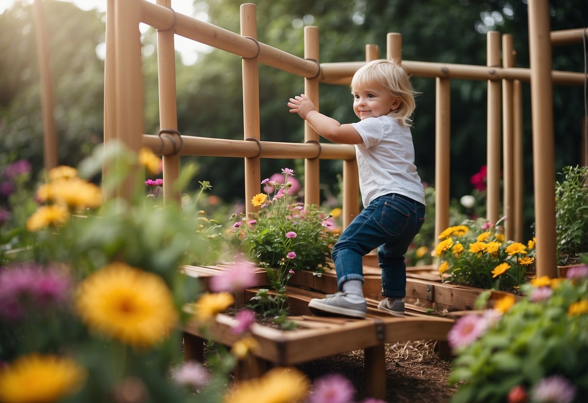 Children play on a small garden climbing frame, surrounded by lush greenery and colorful flowers. The frame is sturdy and inviting, with multiple levels and slides for endless fun