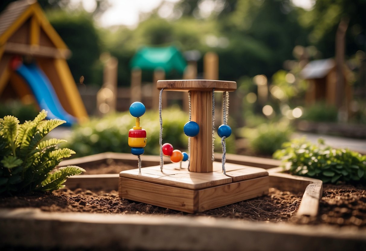 A wooden play centre with a climbing cube in a small garden