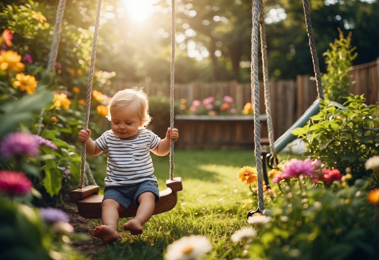 A small garden with a Costzon Toddler Climber and Swing Set surrounded by colorful flowers and lush greenery. The sun is shining, and the scene exudes a playful and inviting atmosphere