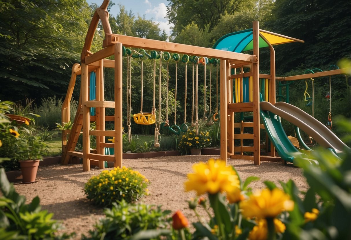 A small garden climbing frame stands in the center, surrounded by lush greenery and colorful flowers. The frame features multiple levels and slides, providing a fun and adventurous play area for children