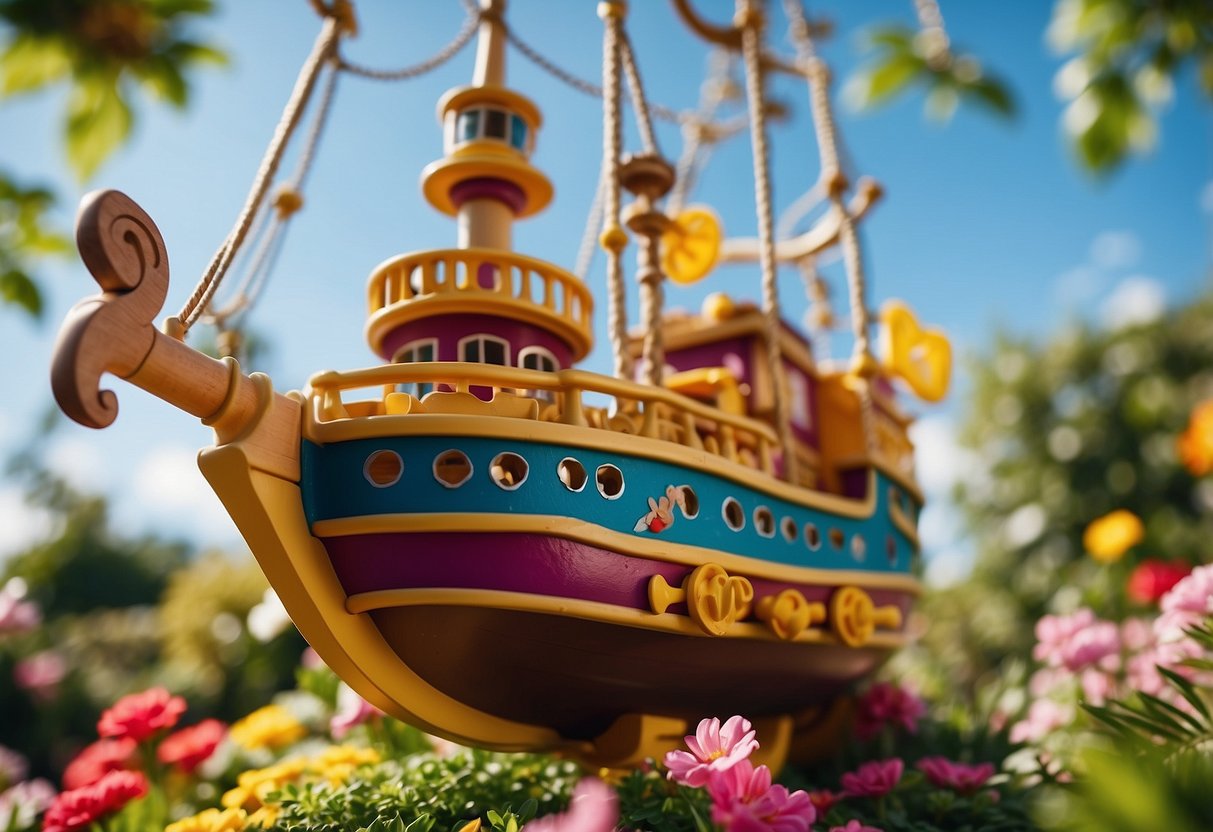 A colorful Fisher-Price Climbing Pirate Ship stands in a lush garden, surrounded by vibrant flowers and playful climbing frames