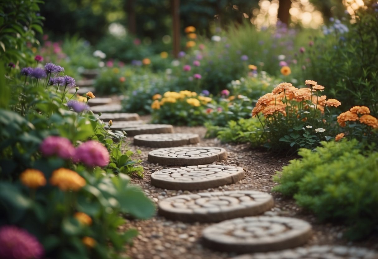 A lush garden with vibrant flowers surrounds a winding path of handmade clay stepping stones