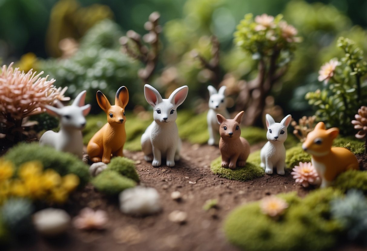 Various clay animal figurines arranged in a garden setting, surrounded by miniature trees, flowers, and pathways