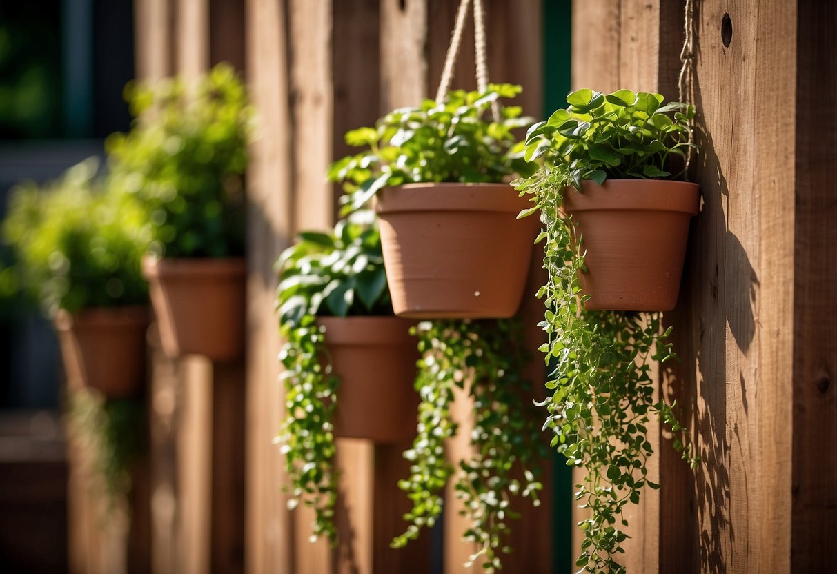 Several clay planters hang from a wooden trellis, each filled with vibrant green plants. The sun casts shadows on the textured surface of the clay, creating a visually appealing garden display