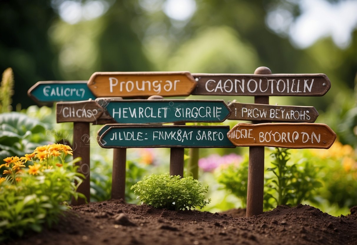 Colorful clay garden signs arranged in a lush garden, showcasing personalized messages and intricate designs