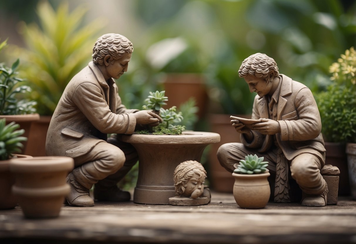 Sculptures sit on a garden table, surrounded by plants. A person gently brushes off dust, while another carefully waters the clay creations