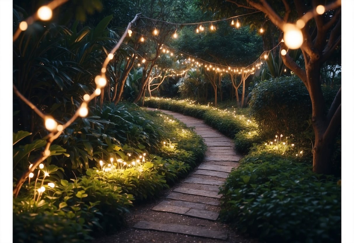 A winding pathway lined with twinkling fairy lights leads through a lush garden, creating a cozy and enchanting atmosphere