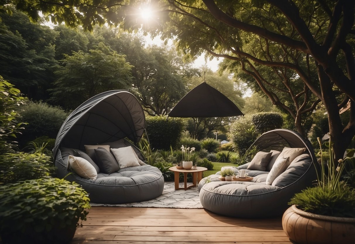 A lush garden with oversized bean bags scattered under a canopy of trees, creating a cozy and inviting outdoor lounge area