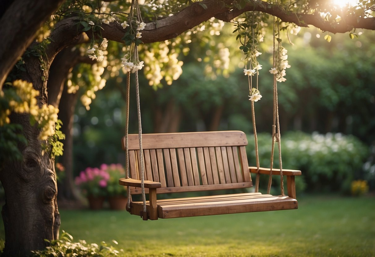 A rustic wooden swing hangs from a sturdy tree in a lush garden, surrounded by blooming flowers and vibrant greenery