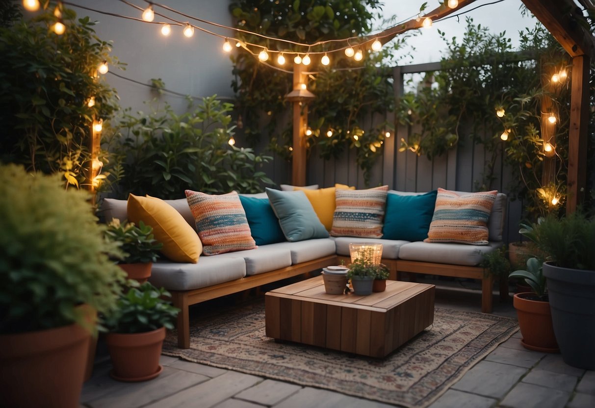 Colorful patio cushions arranged on a cozy garden patio, surrounded by potted plants and twinkling string lights