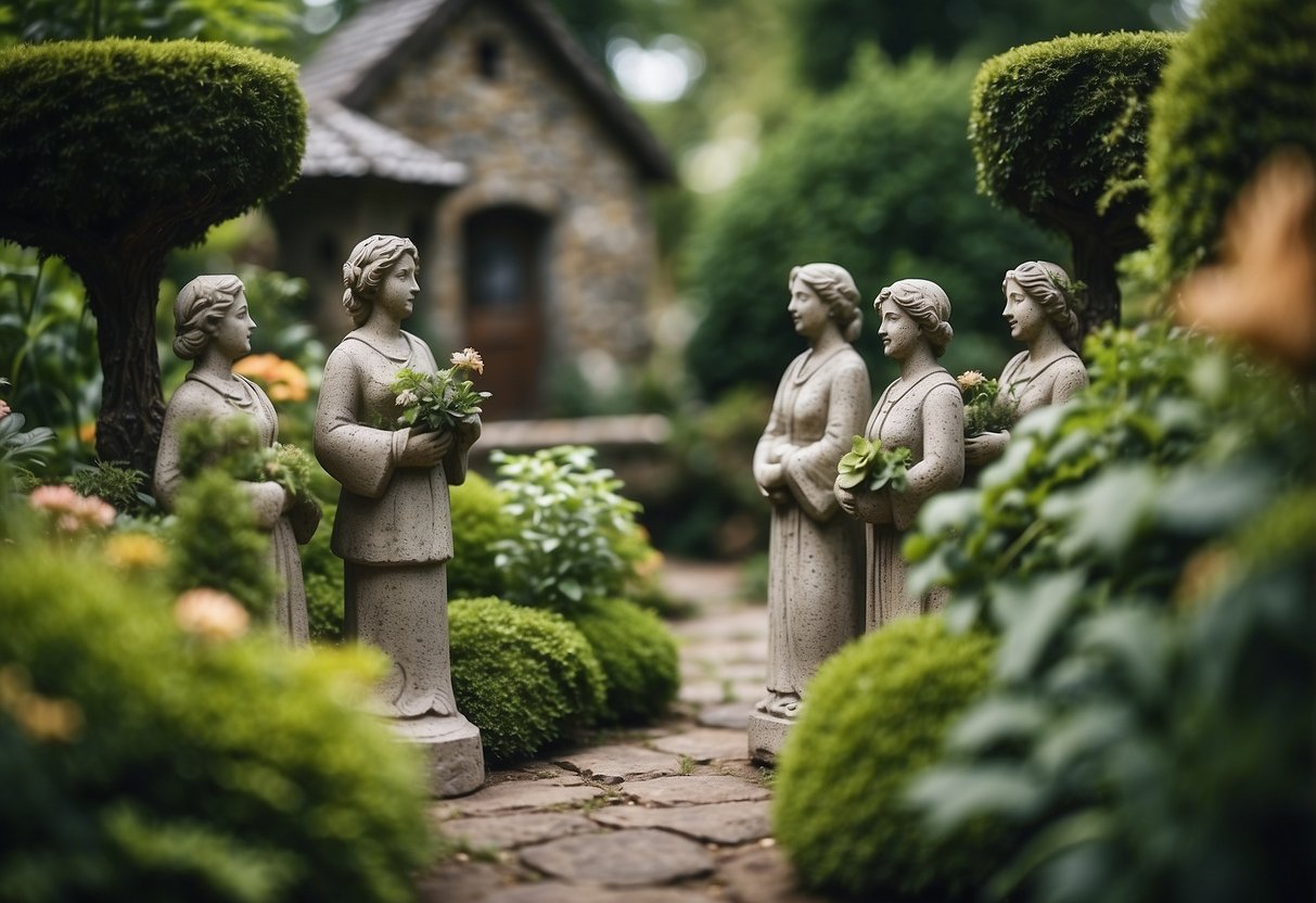 Stone garden statues stand among lush greenery, creating a whimsical and enchanting cottage core garden