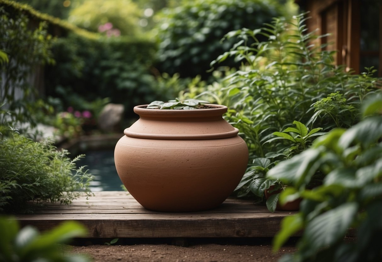 A clay pot water feature nestled among lush greenery in a cottage core garden