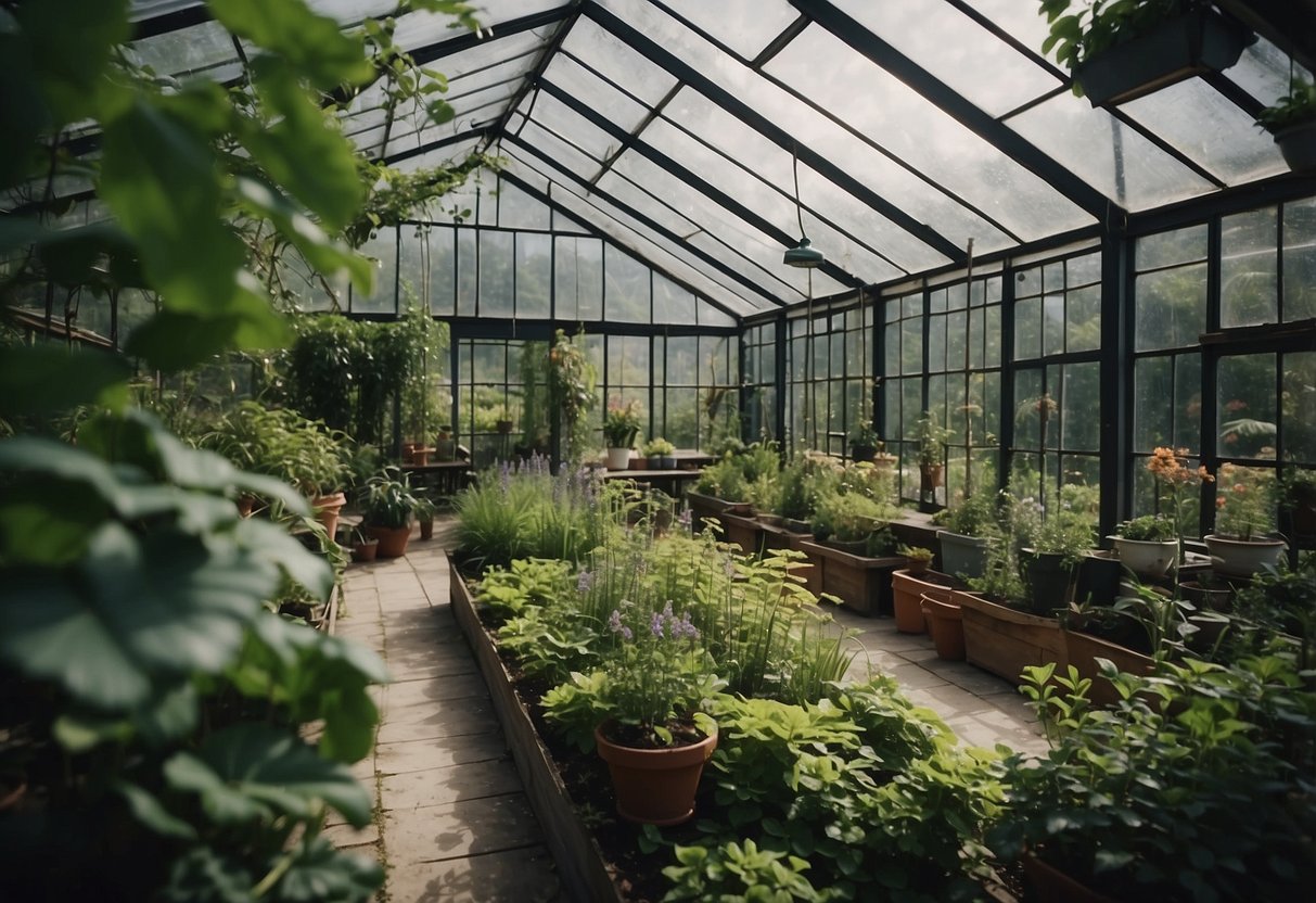 Lush plants and flowers fill a glass greenhouse with a roof covered in greenery. The garden is bursting with ideas for a peaceful and vibrant outdoor space