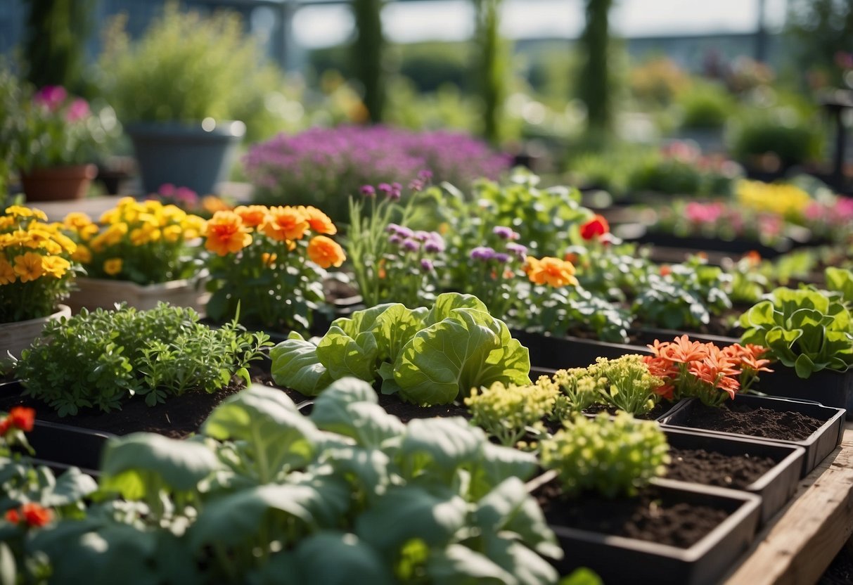 Lush green garden plots brimming with colorful flowers and vegetables, surrounded by a diverse community of gardeners sharing ideas and tending to their plants