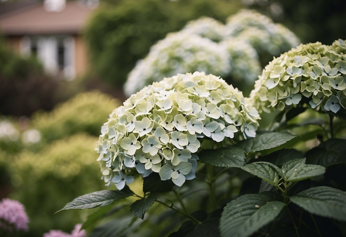 Lush hydrangea bushes in a creamy garden setting