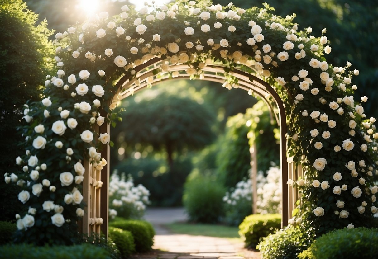 A cream-colored arbor covered in ivory roses stands in a lush garden, surrounded by greenery and delicate flowers