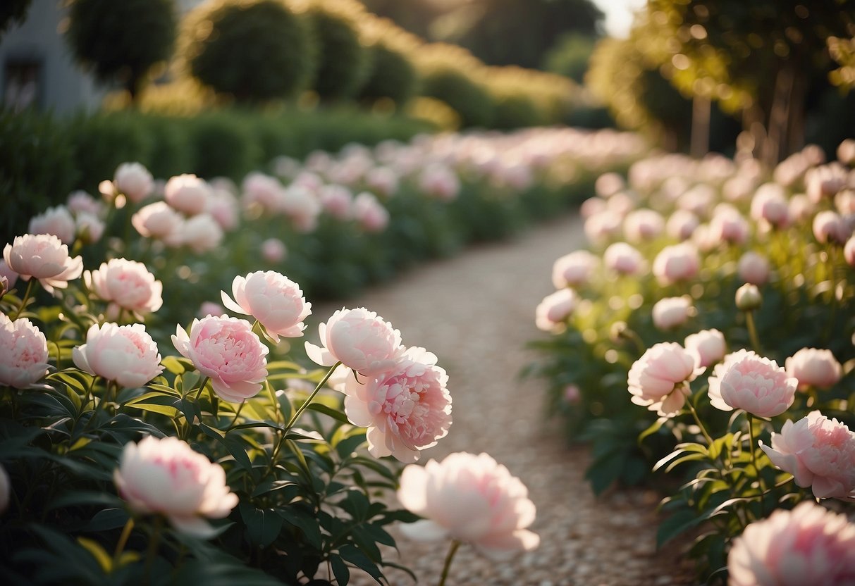 A pathway lined with pale pink peonies winds through a cream garden, creating a serene and elegant atmosphere