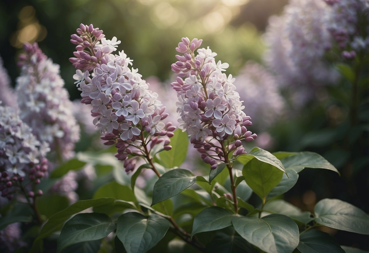 A garden filled with light lavender lilacs and cream-colored flowers, creating a serene and elegant atmosphere