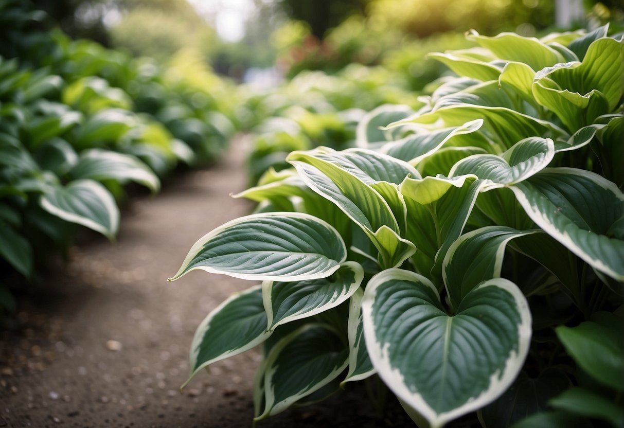 Lush green hostas with frosted tips border a cream garden path