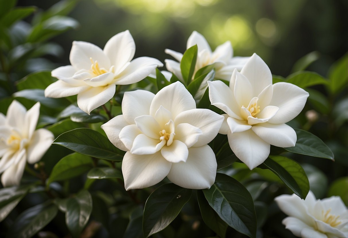 Vanilla-white gardenias bloom in a cream garden, surrounded by lush green foliage