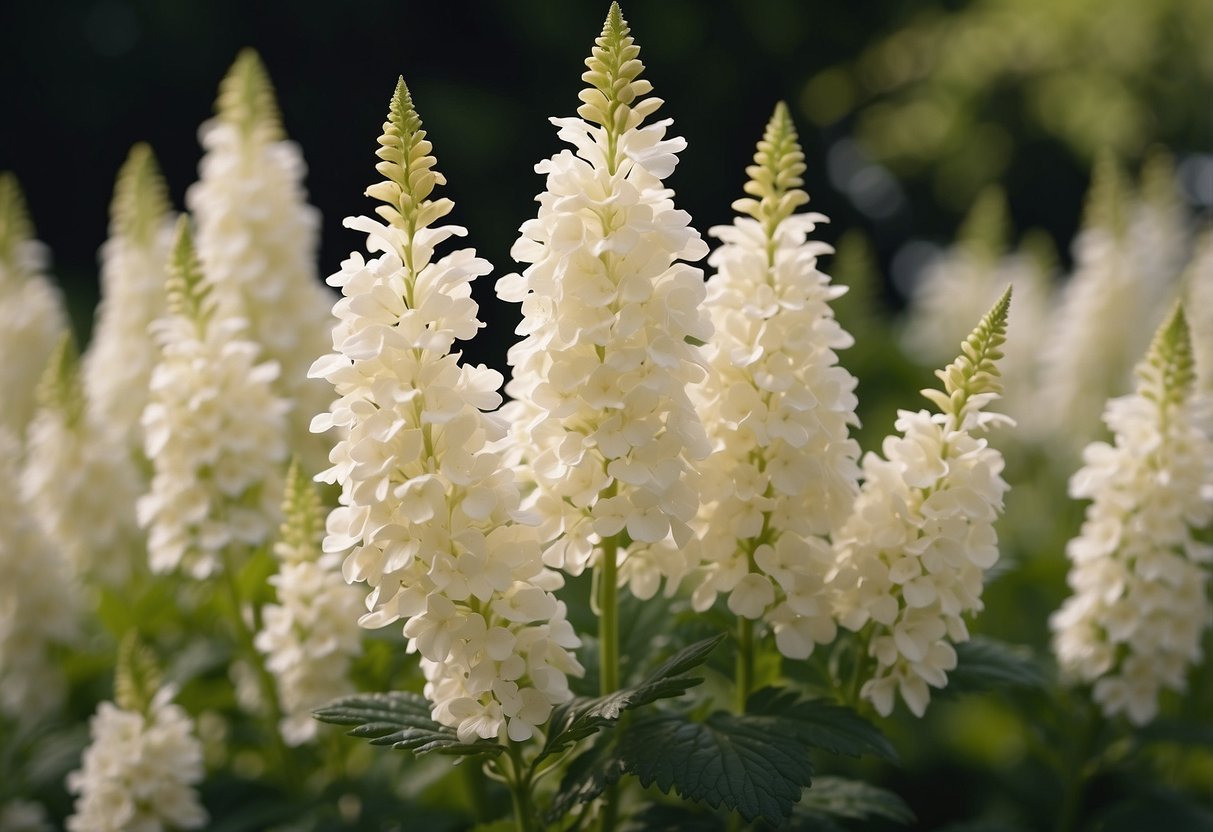 Lush cream astilbes bloom in a garden, surrounded by whipped cream accents