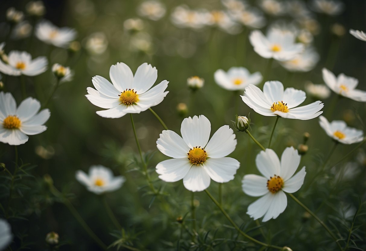 A corner of the garden filled with creamy white cosmos flowers, surrounded by lush greenery