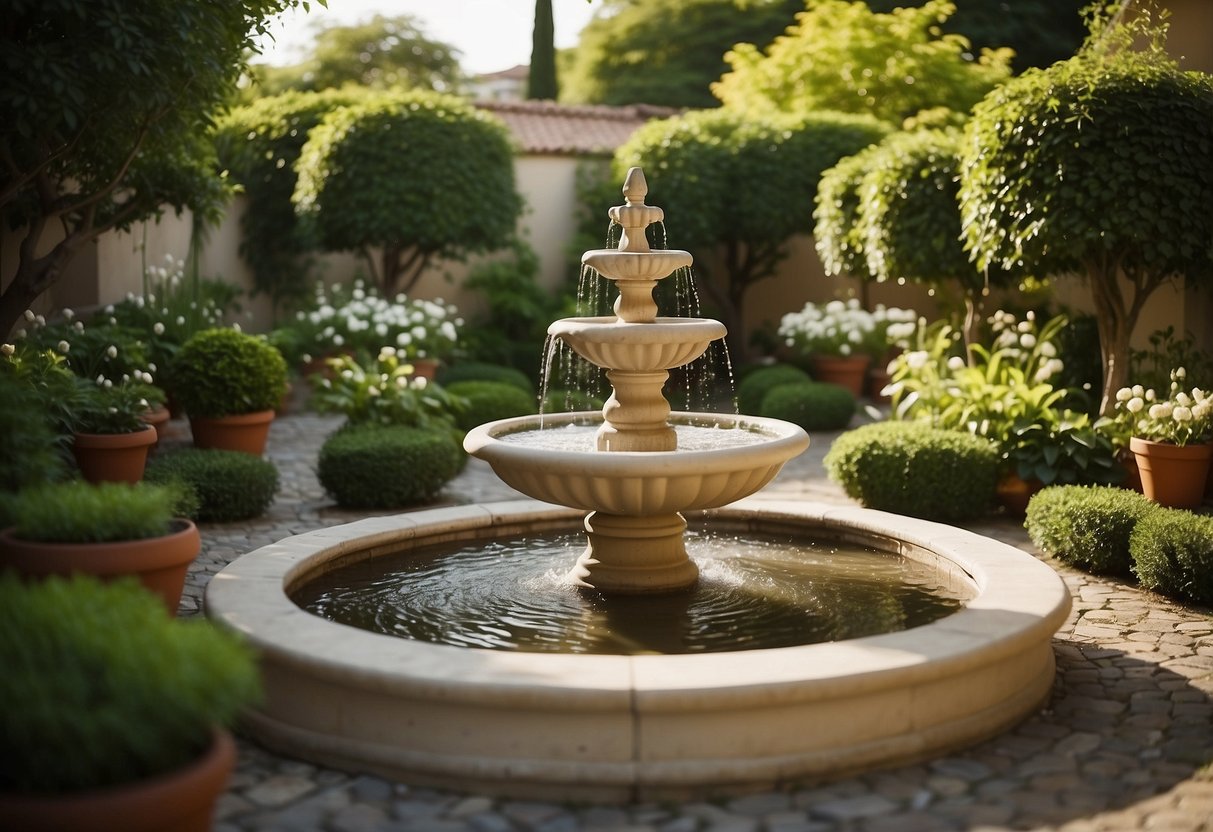 Lush greenery surrounds a serene cream garden, with cozy seating areas and a variety of cream-colored flowers and plants. A small fountain adds a soothing ambiance to the peaceful space