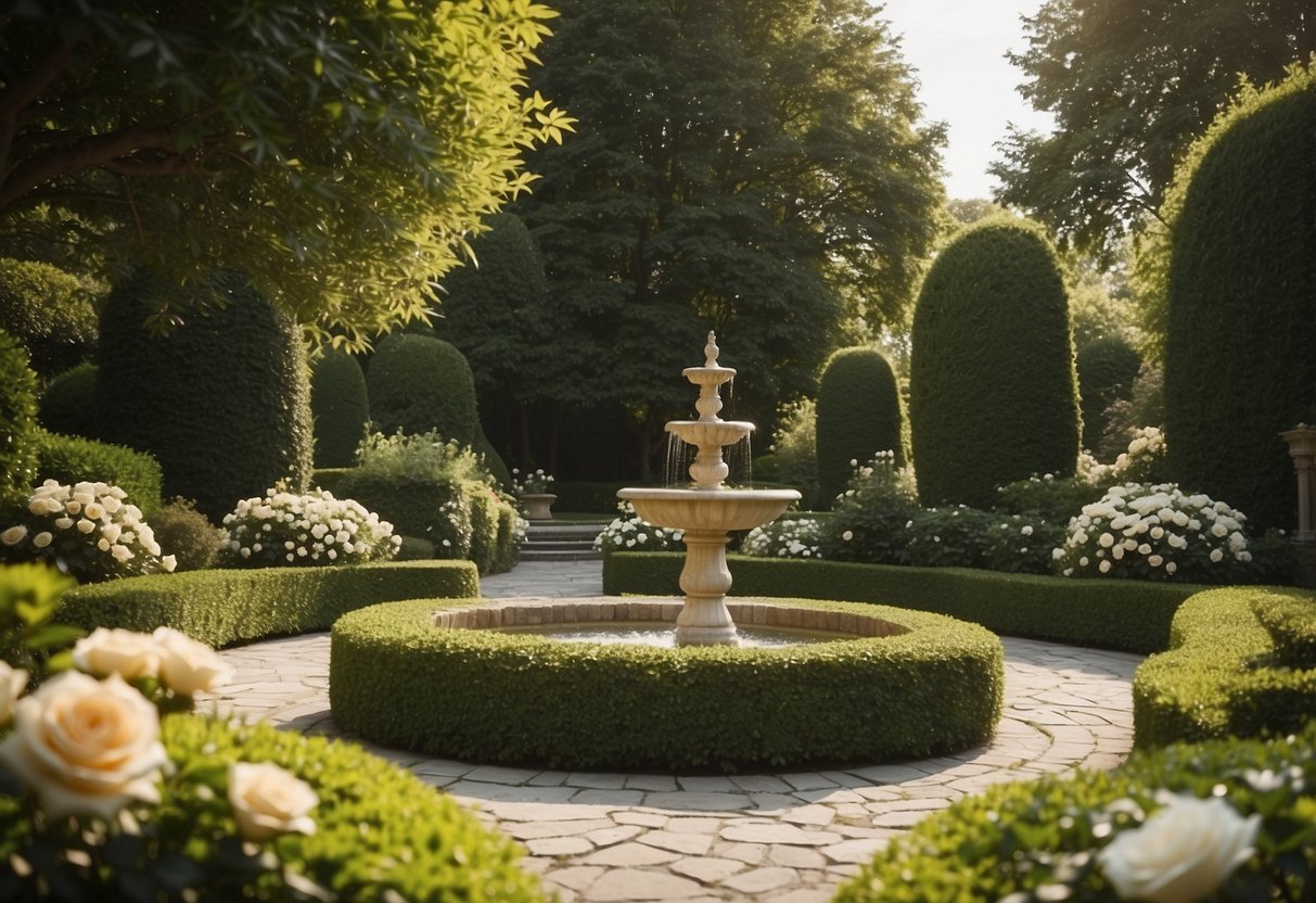 A lush cream garden with neatly trimmed hedges, blooming roses, and a serene fountain surrounded by stone pathways and elegant outdoor furniture