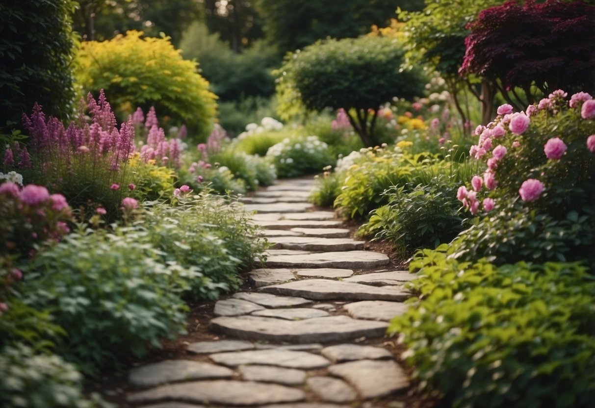 A winding stone pathway meanders through a lush garden, bordered by vibrant flowers and greenery