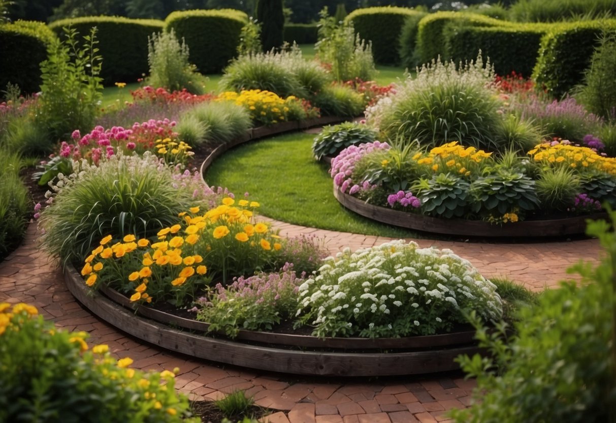 Circular flower beds arranged in a curved garden, with colorful blooms and lush greenery, creating a harmonious and inviting outdoor space