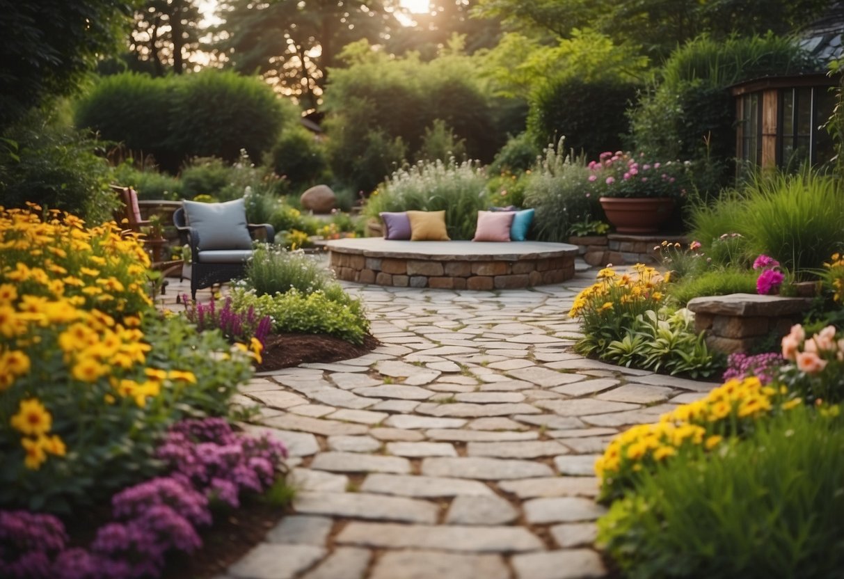 A round patio area surrounded by lush, curved garden beds with colorful flowers and foliage. A stone path winds through the garden, leading to a cozy seating area in the center