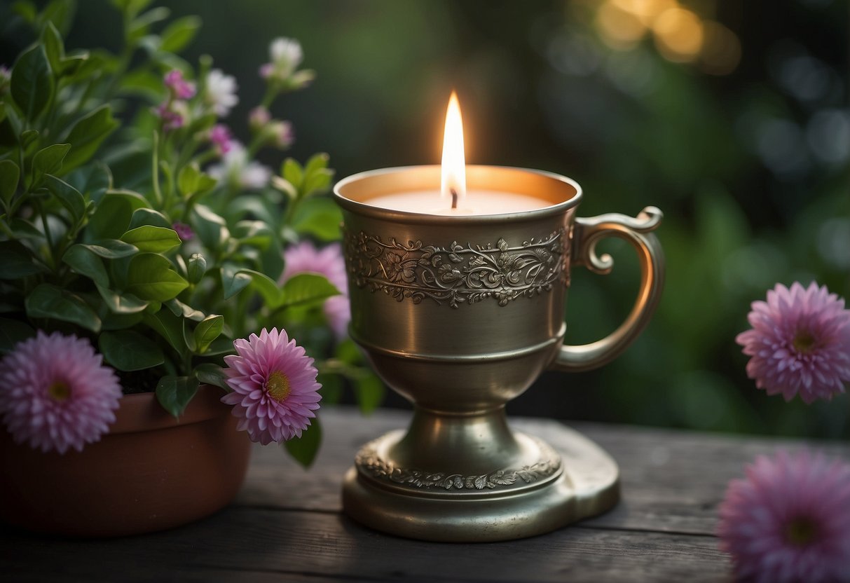 A garden cup sits on a candle holder, surrounded by lush greenery and blooming flowers. A tranquil and inviting scene for a peaceful evening