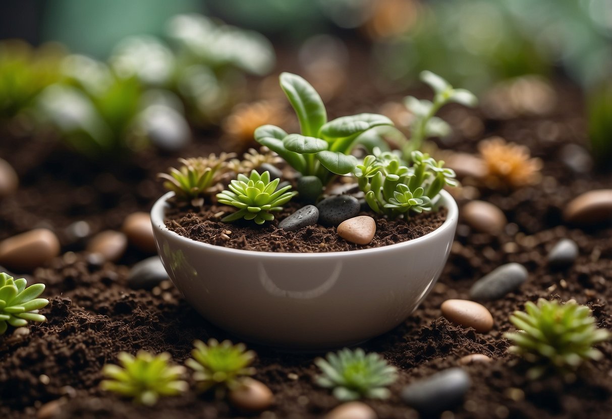 An espresso cup sits atop a bed of soil, housing a tiny terrarium garden with miniature plants and pebbles