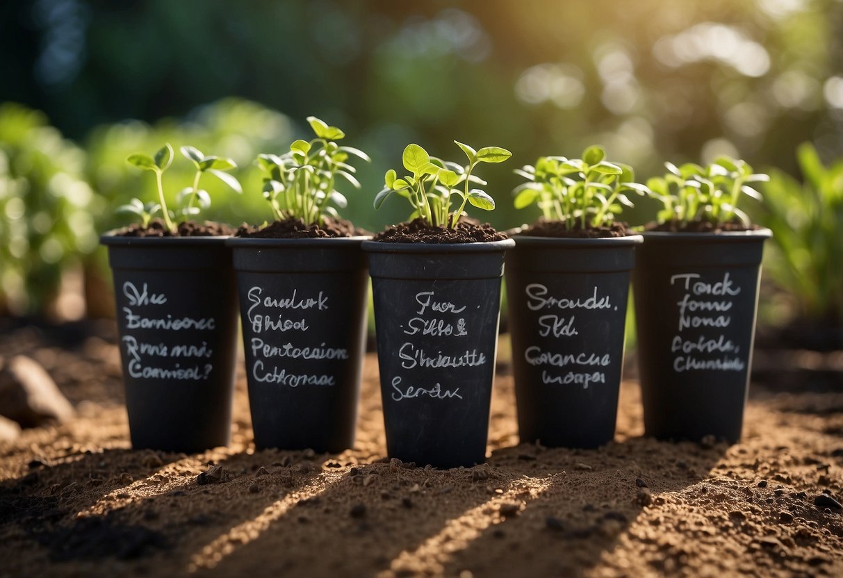 A row of chalkboard-labeled cups sit in a garden, each with a different plant sprouting from the soil