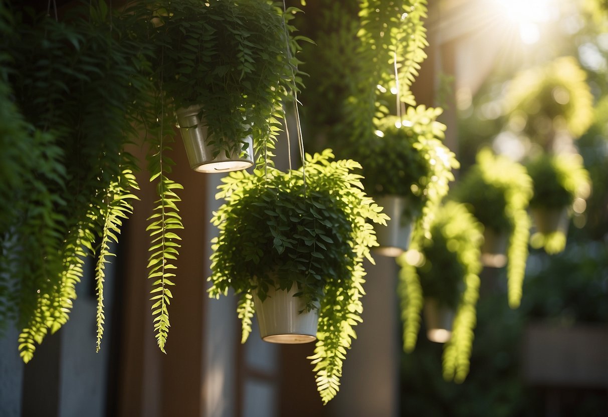 Lush green plants cascade from hanging cups, creating a serene and tranquil garden oasis. Sunlight filters through the leaves, casting dappled shadows on the ground