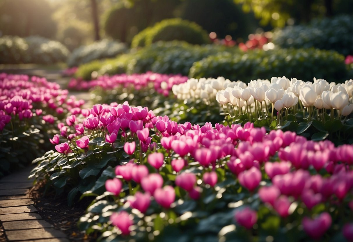 A winding pathway lined with vibrant cyclamen flowers, leading through a garden of various colors and sizes