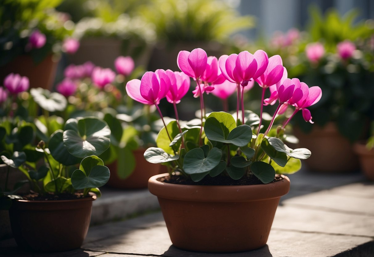 Vibrant potted cyclamen sit on a sun-drenched patio, surrounded by lush greenery and blooming flowers. The gentle breeze carries their delicate fragrance through the air