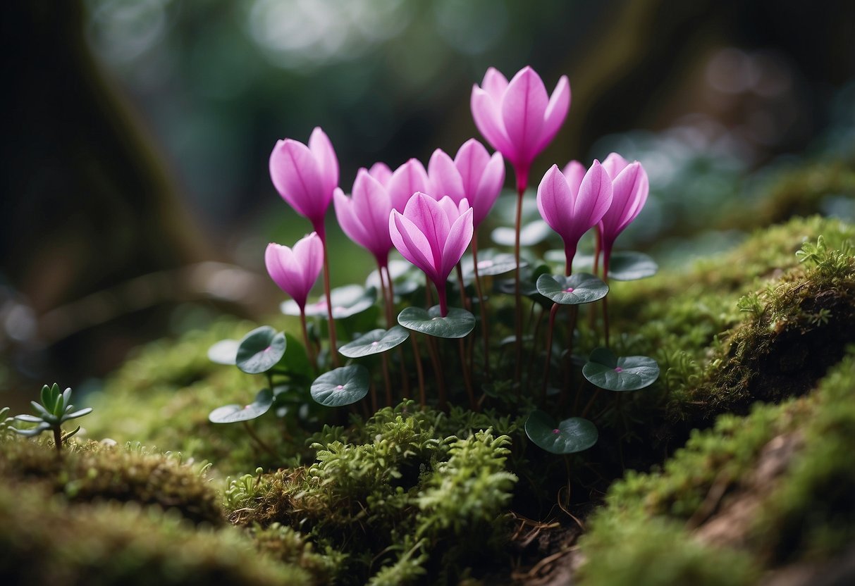 Cyclamen bloom in a rocky garden, nestled among moss and ferns